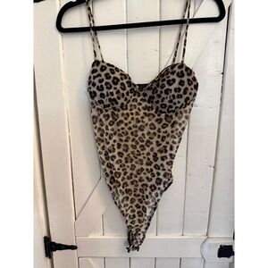 21 SAINTS Leopard Print Mesh Bodysuit Sheer Teddy Spaghetti Strap Large NWT